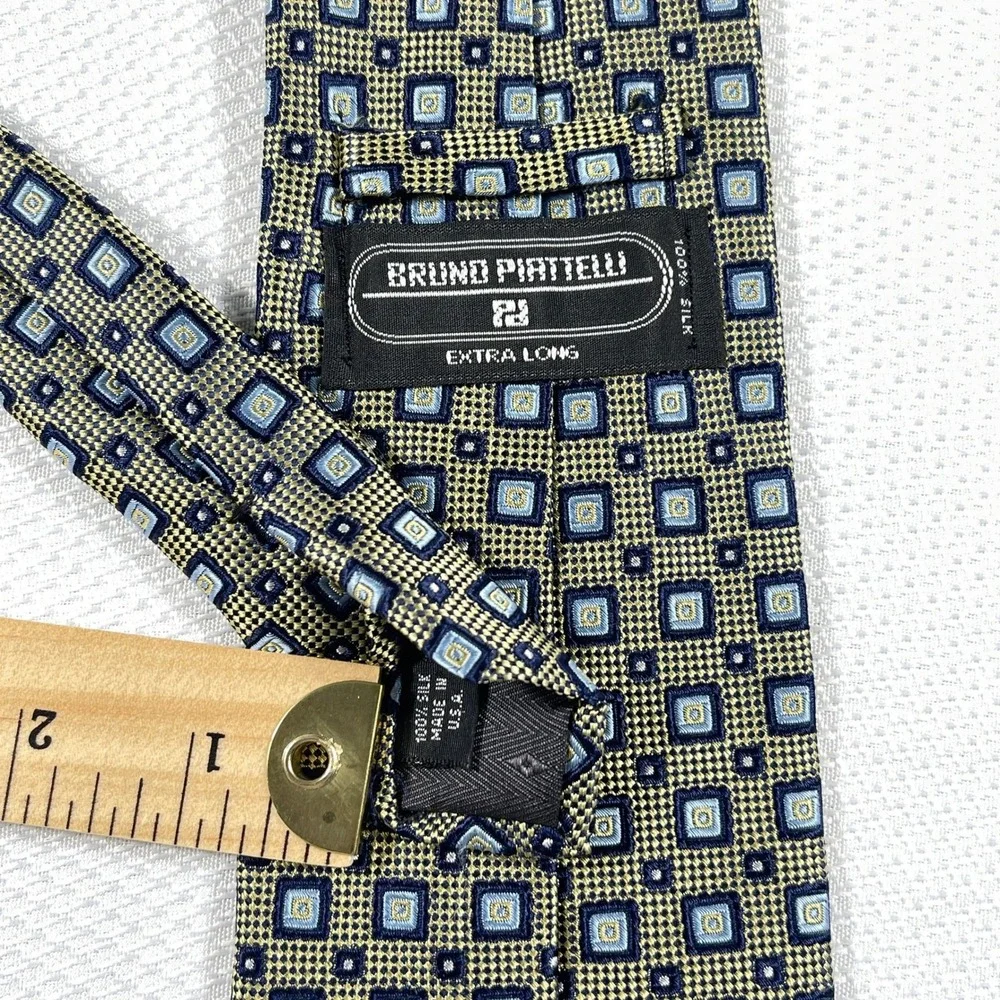 Bruno Piattelli Extra Long Silk Tie Gold Blue Geometric‎ Square Pattern USA Made